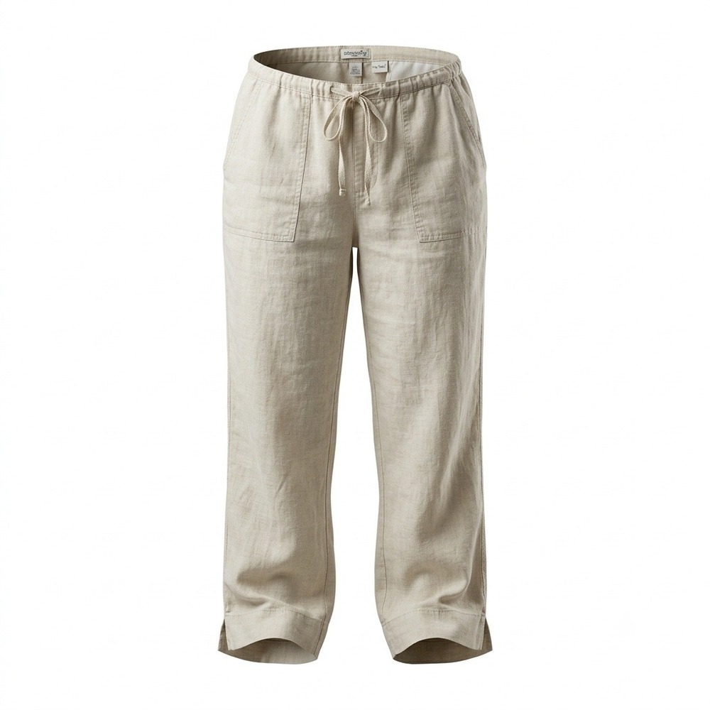 Vintage Old Navy Womens 12 Beige 100% Linen Wide Leg Drawstring Crop Pants Y2K